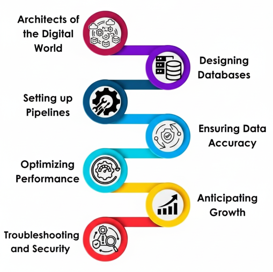 Architects of digital world, designing databases, setting up Pipelines, data accuracy, anticipating growth, data engineer